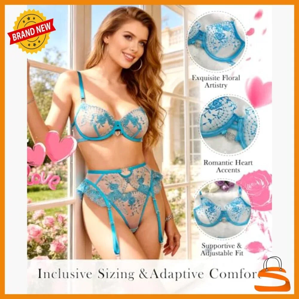Small Lace Lingerie Set with Garter Belt, 3-Piece Floral Teddy